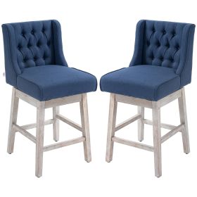 27" Swivel Bar Stools Set of 2, Counter Height with Linen Upholstery and Button Tufted Design, Blue