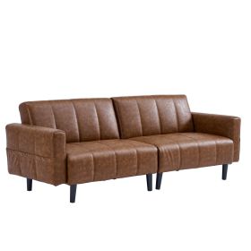 Futon Sofa Bed Leather Sleeper Sofa with Adjustable Backrest Loveseat Couch 3-in-1 Convertible Sofa Bed (Color: Retro Brown)